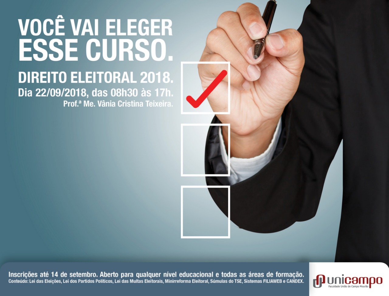 Curso de Direito Eleitoral com inscrições abertas na Faculdade Unicampo